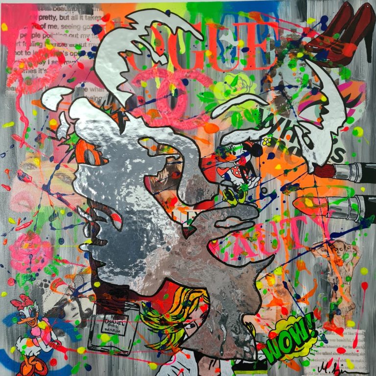 Detailansicht Gemälde auf Leinwand "Dream Big" in Mixed Media Technik, Collage mit Comic Details und Marylin Monroe handgemalt durch die Herzensdingfabrik