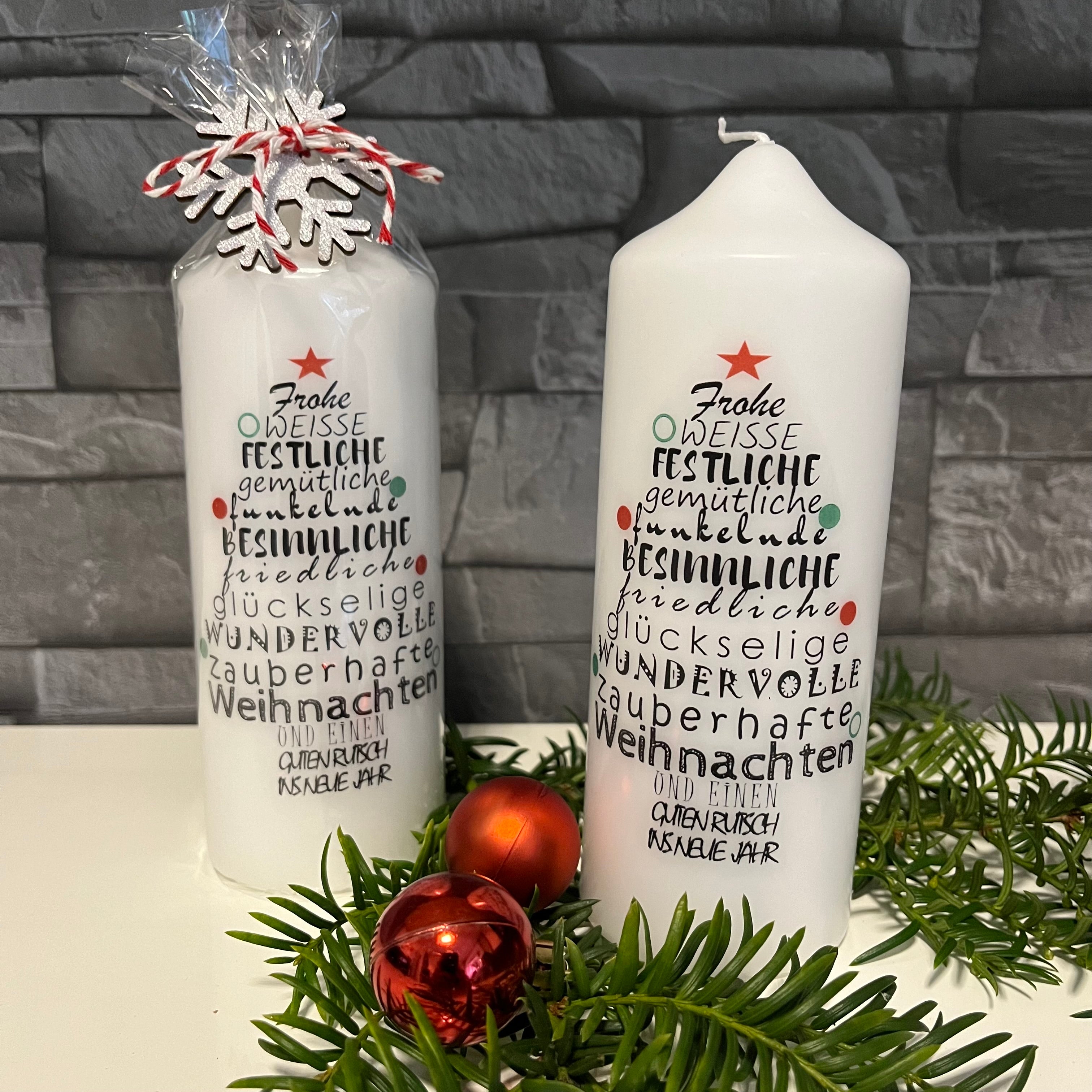 Weihnachtliche weiße Rundkerze mit Spruch und Design Frohe Weihnachten handgefertigt von Die Herzensdingfabrik