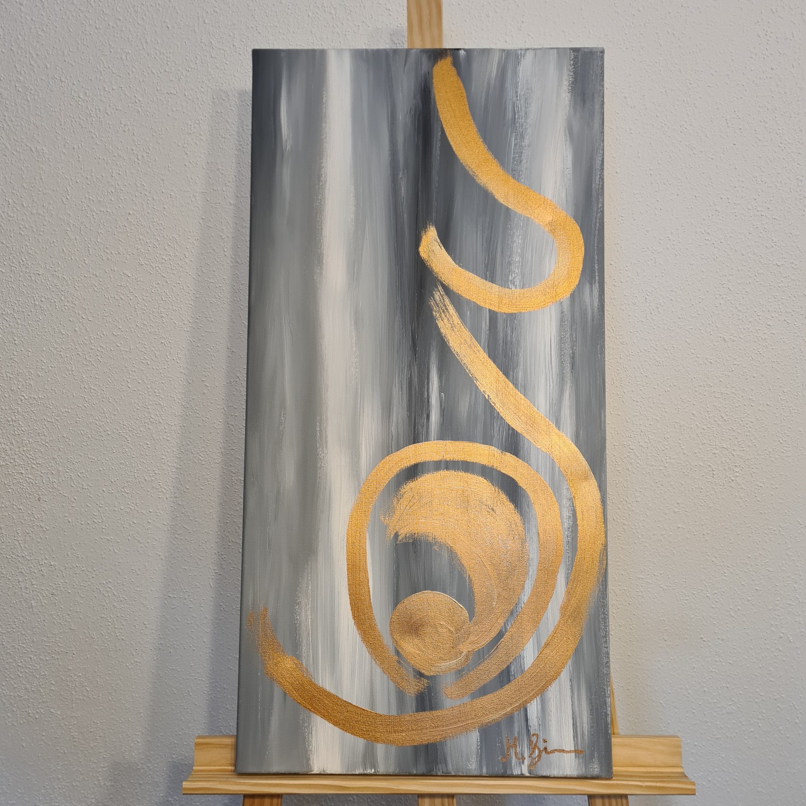 Gemälde auf Leinwand in grau und gold "new life" abstrakte Darstellung von Schwangerschaft handgemalt durch Die Herzensdingfabrik