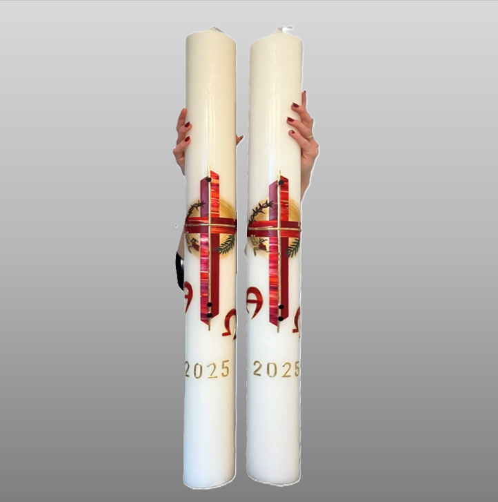Altarkerzen groß als Osterkerzen für Kirchen mit rotem goldenem Kreuz und Symbolik für den Osterzyklus handgefertigt von Die Herzensdingfabrik