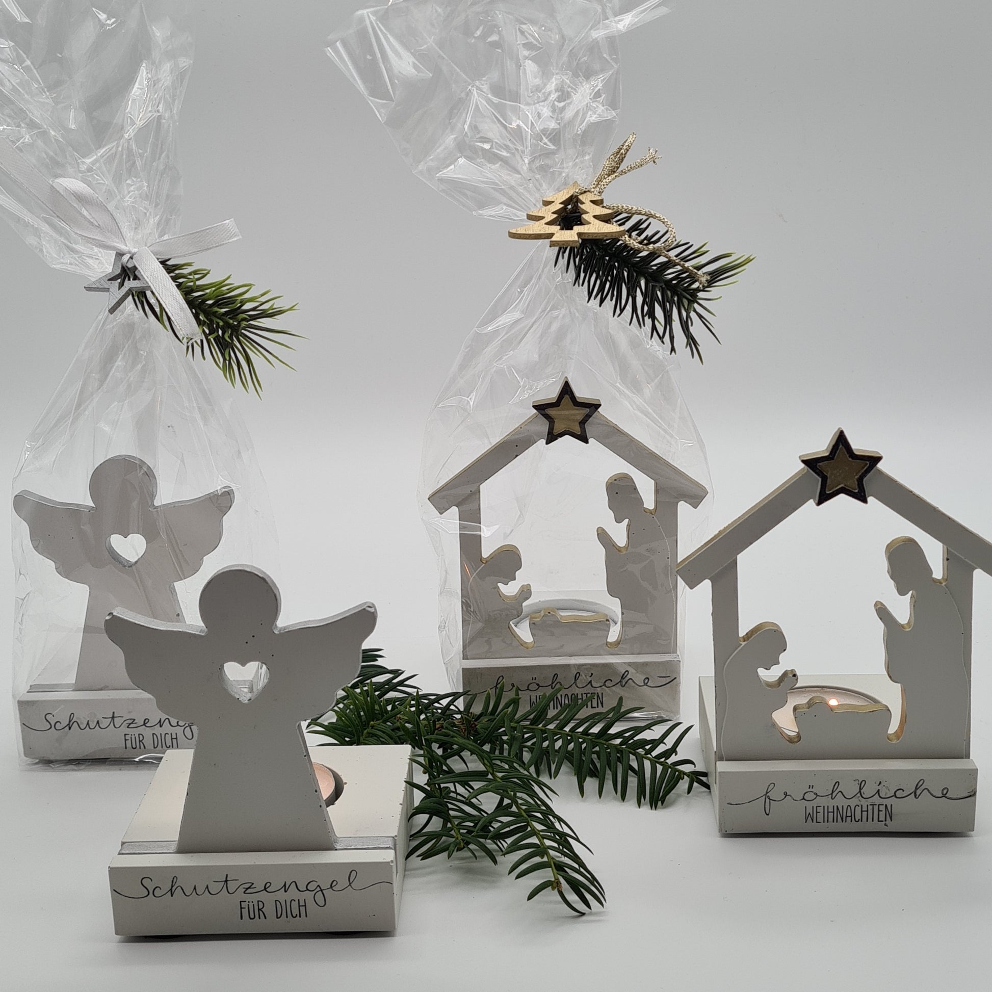Weihnachts-Teelichthalter aus Beton – Krippe mit „Frohe Weihnachten“ und Schutzengel mit „Engel für Dich“ liebevoll bemalt