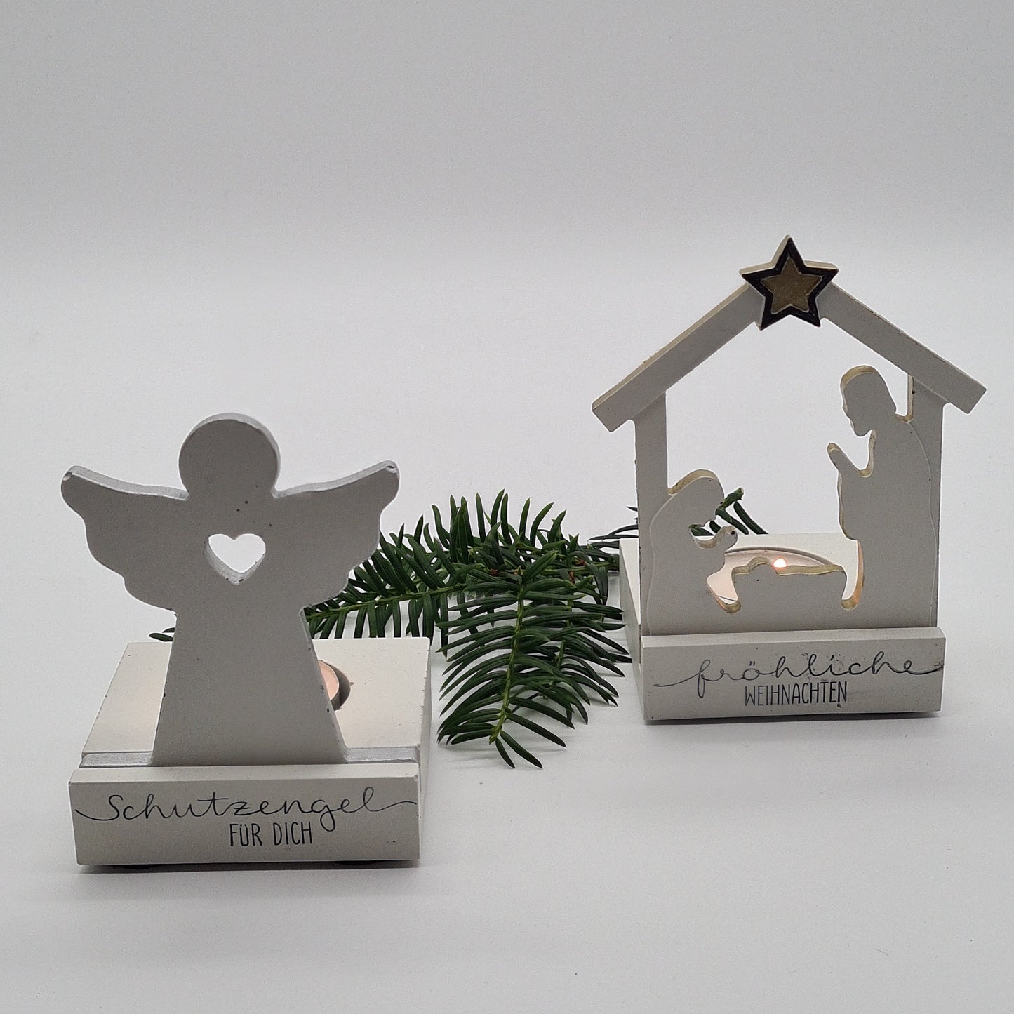 Handgefertigte Teelichthalter aus Beton – Schutzengel und Krippe, liebevoll bemalt, Weihnachtsdeko der Kreativmanufaktur Die Herzensdingfabrik
