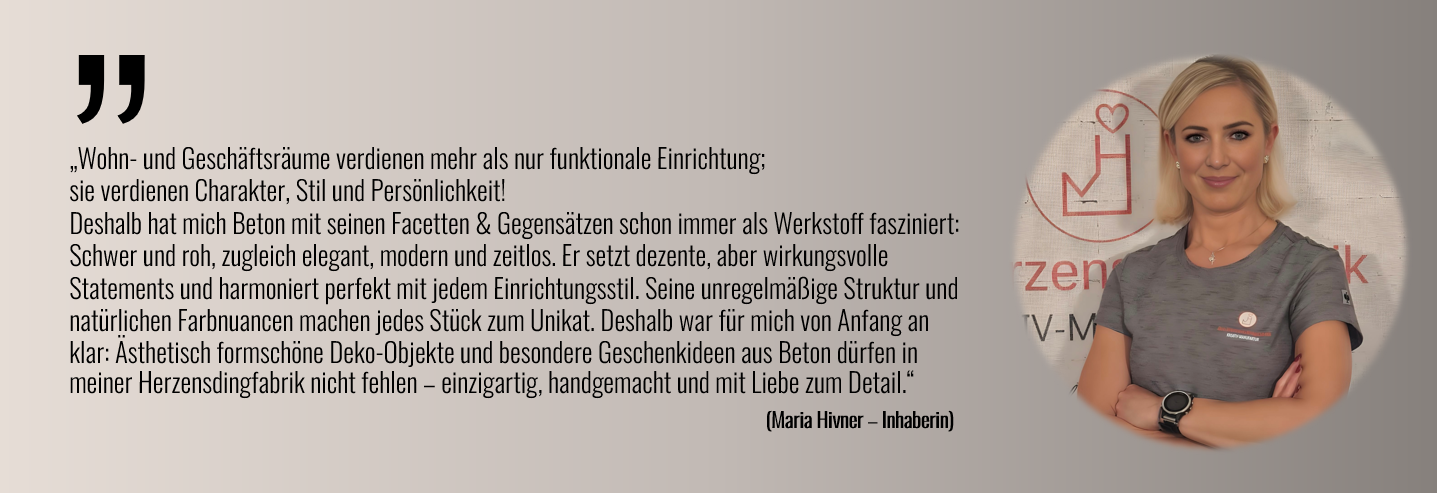 Porträt der Gründerin der Herzensdingfabrik, daneben ein Zitat über ihre Philosophie und Handarbeit