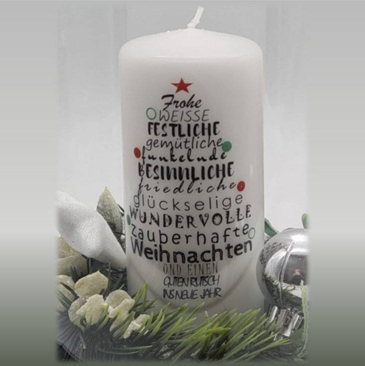 Handgefertigte Stumpenkerze „Frohe Weihnachten“, RAL-zertifiziert, hochwertige Weihnachtskerze, von der Herzensdingfabrik