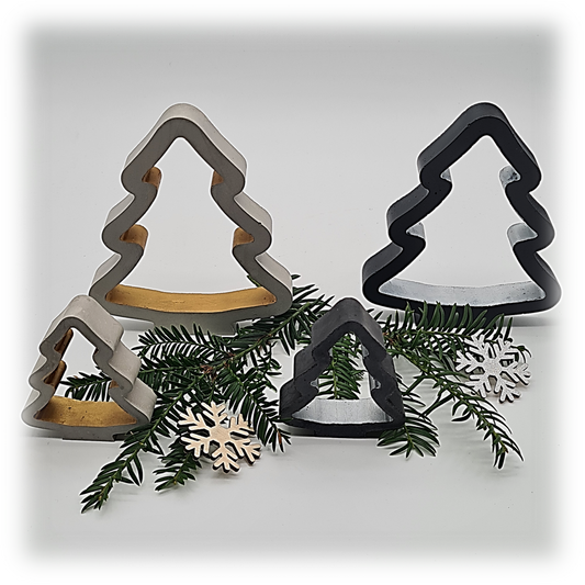 3D-Beton-Tannenbäume im Set – modernes Weihnachtsdeko-Highlight in Schwarz-Silber und Grau-Gold, handgefertigt durch die Kreativmanufaktur die Herzensdingfabrik