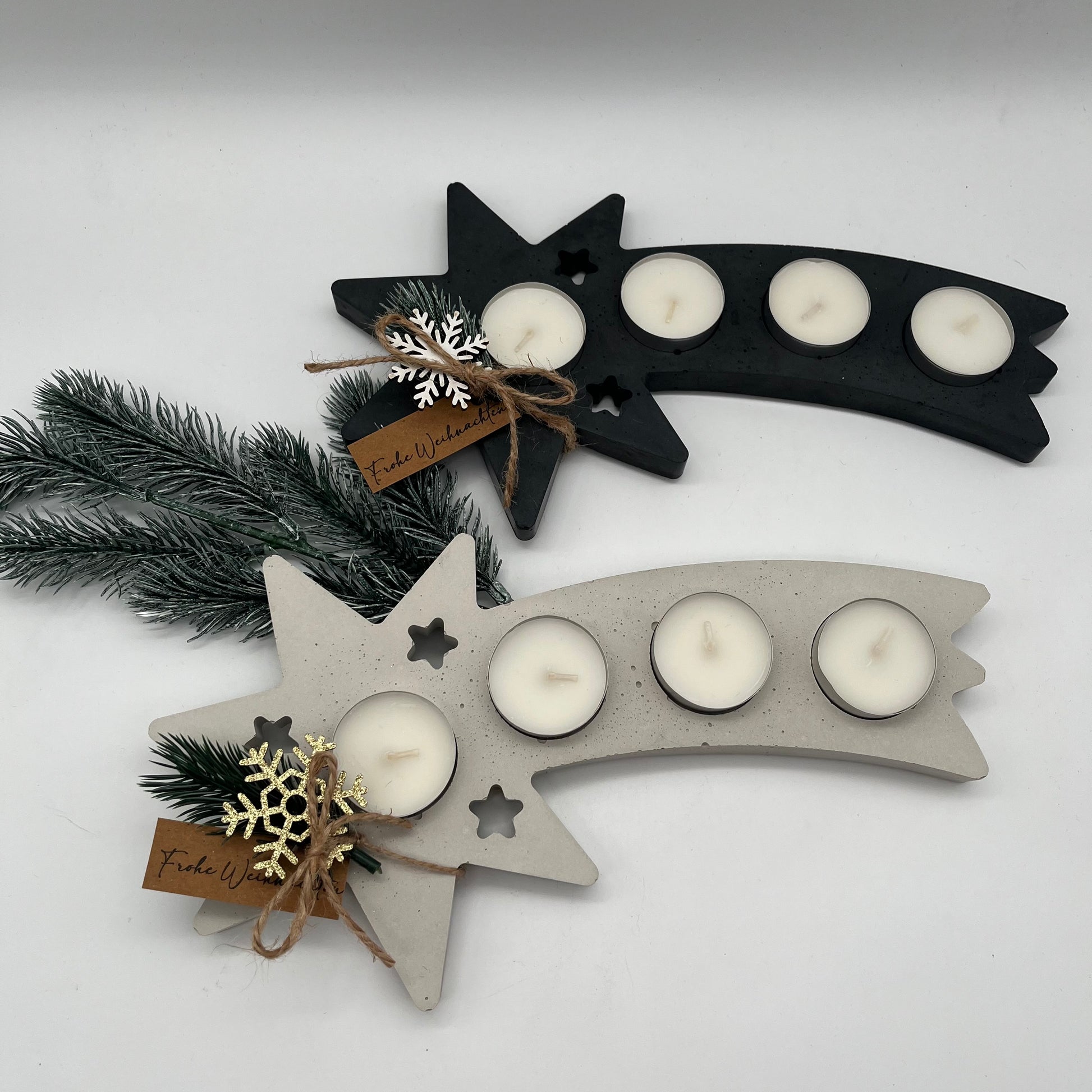 Handgefertigter Teelichthalter Schweifstern aus Beton in Grau und Schwarz mit vier Teelichtern – moderne Weihnachtsdekoration im minimalistischen Design von der Herzensdingfabrik